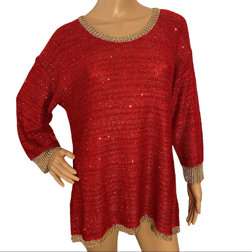 🆕 REBA  | RED & GOLD SEQUIN SWEATER  SZ L